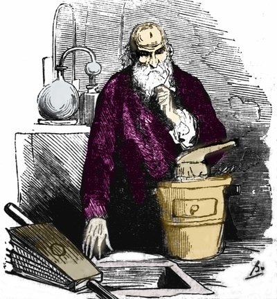 Nicolas Flamel (1330 - 1418) dans son laboratoire. - Unknown artist