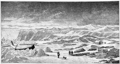 Pôle nord : igloos et bateau brise-glace (Ice Breeze), dessin, printemps 1873 - Unknown artist