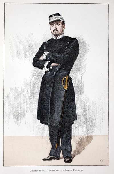 Officier de paix, petite tenue du Second Empire (1852-1870). Eau-forte en couleurs, pour illustration Histoire du corps des gardiens de la paix, livre publié sous les auspices de Louis Lépine (1846-1933) préfet de police de la Seine, par Alfred Rey (1864-? - Unknown artist
