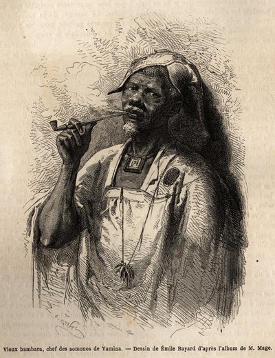 Vieux Bambara, chef de tribu à Yamina (Niger) fumant la pipe et portant la coiffe traditionnelle de son tribu. Gravure pour illustrer le voyage au Soudan occidental du Lieutenant (Marine) M. Mage, en 1863-1866, publié dans « Le tour du monde, nouveau journ - Unknown artist