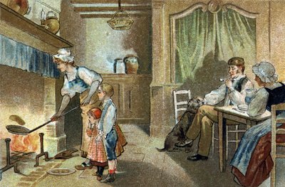 Ancienne coutume célébrée dans la région du Berry : les crêpes au chandelier. Chromolithographie de la fin du 19ème siècle. - Unknown artist