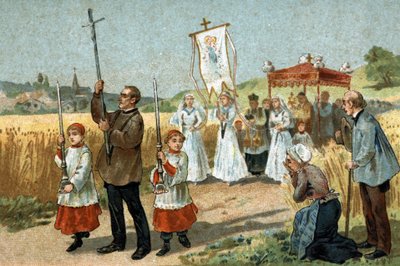 Ancienne coutume célébrée dans la région du Berry : la procession dans le blé. Fête religieuse. Chromolithographie de la fin du 19ème siècle. - Unknown artist