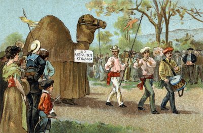 Ancienne coutume célébrée dans la région du Languedoc : La marche du chameau le jour de la Saint Aphrodite. Chromolithographie de la fin du XIXe siècle - Unknown artist