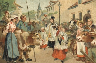 Ancienne coutume célébrée dans la région du Nivernais : la bénédiction des troupeaux. Chromolithographie de la fin du XIXe siècle - Unknown artist