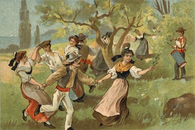 Ancienne coutume célébrée dans la région de Provence : la farandole pour les fêtes de la récolte des vers à soie. Chromolithographie de la fin du 19ème siècle - Unknown artist