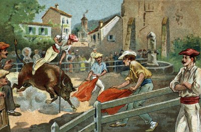 Ancienne coutume célébrée dans la région de Biscaye : Courses landaises dans un village. Chromolithographie de la fin du 19ème siècle. - Unknown artist