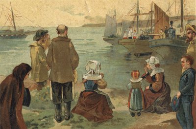 Ancienne coutume célébrée en Bretagne : la bénédiction des Terre Neuvas. Chromolithographie de la fin du XIXe siècle. - Unknown artist