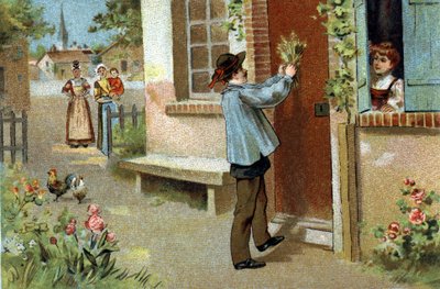 Ancienne coutume célébrée dans la région de Bourgogne : fête de mai. Chromolithographie de la fin du XIXe siècle. - Unknown artist