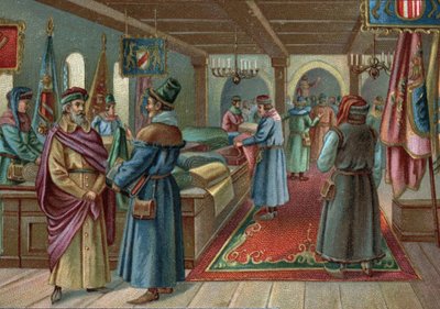 Anciens centres commerciaux : halles aux draps à Bruges, Belgique au XVe siècle. Chromolithographie de la fin du XIXe siècle - Unknown artist