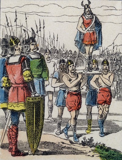 À la mort de Childéric Ier, son fils Clovis fut élu roi par les Francs Saliens qui le portèrent sur le bouclier en faisant le tour du camp (gravure) - Unknown artist