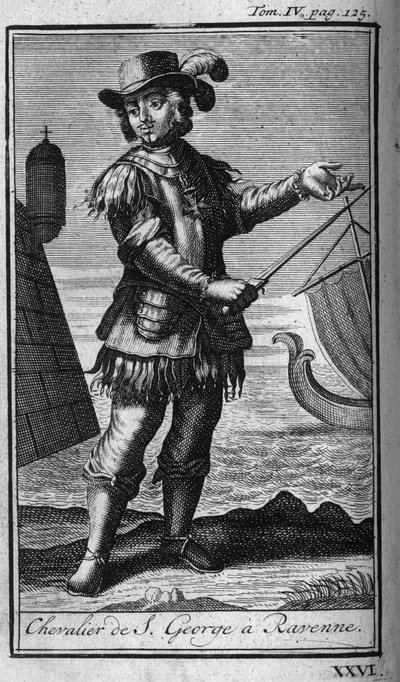Ordres de chevalerie. Chevalier de Saint-Georges à Ravenne en Italie au XVIe siècle. Dans "Histoire des ordres militaires ou chevaliers, des milices séculières et régulières des deux sexes, qui ont été établies jusqu