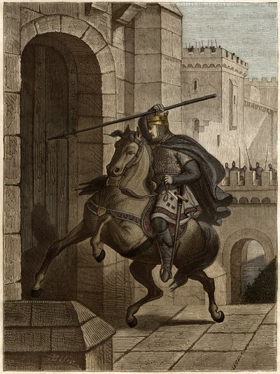 Otton II du Saint-Empire, dit le Roux (955-983) irrité de ne pas pouvoir pénétrer dans Paris (siège de Paris, 978), marche sous les murs de la ville pour planter sa lance dans la porte - Unknown artist