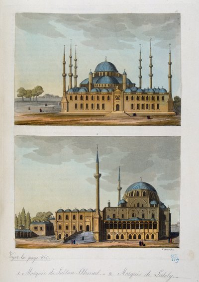 Empire ottoman : Mosquée Bleue (ou Sultanahmet Camii) construite par le sultan Ahmet I et Mosquée de Laleli à Istanbul - Unknown artist