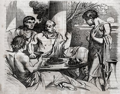 Scène de banquet en plein air - Vitellius (Aulus Vitellius Germanicus Imperator Augustus) empereur romain (15-69) donnant un festin - gravure dans « La Santé Universelle - Guide Médical pour les Familles » 1852. - Unknown artist