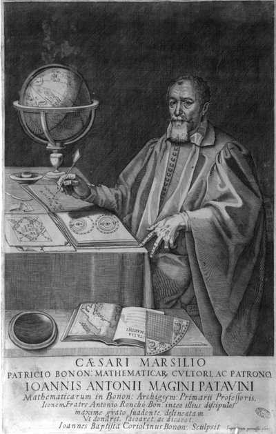 Padoue Giovanni Luciano Magini (Antonius Maginus en latin), mathématicien et astronome des XVIe-XVIIe siècles dans son bureau avec des instruments astronomiques. Gravure de 1617 - Unknown artist