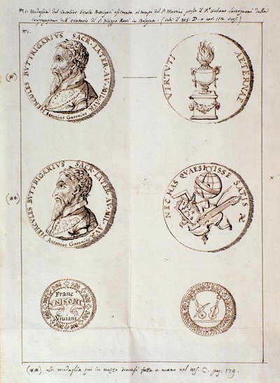 Page avec portraits de Il melone, discorso armonico (manuscrit) - Unknown artist