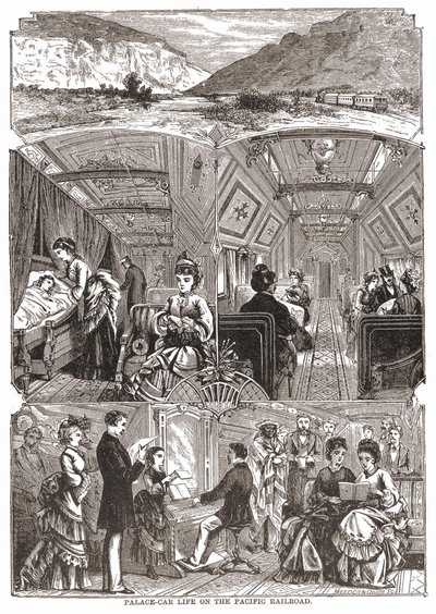 La vie en wagon-palais sur le chemin de fer du Pacifique, gravure sd. 19e siècle. - Unknown artist