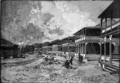 Canal de Panama. Rue de la nouvelle ville de Christophe Colomb à Colon : logements des ouvriers. Gravure dans "Le Monde Illustré" - Unknown artist