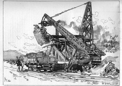 Travaux du canal de Panama. Principales machines : excavatrice Osgood. Gravure dans "Le Monde Illustré" - Unknown artist