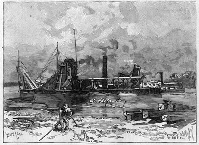 Travaux du canal de Panama. Principales machines : une drague et sa vanne. Gravure dans "Le Monde Illustré" - Unknown artist