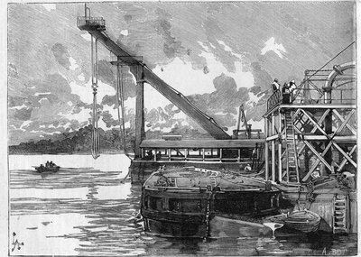 Travaux du canal de Panama. Principales machines : le ponton Bigue. Gravure dans "Le Monde Illustré" - Unknown artist