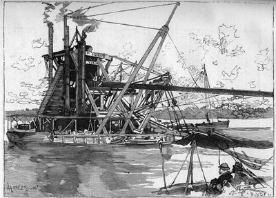 Travaux du canal de Panama. Principales machines : la grande drague américaine. Gravure dans "Le Monde Illustré" - Unknown artist