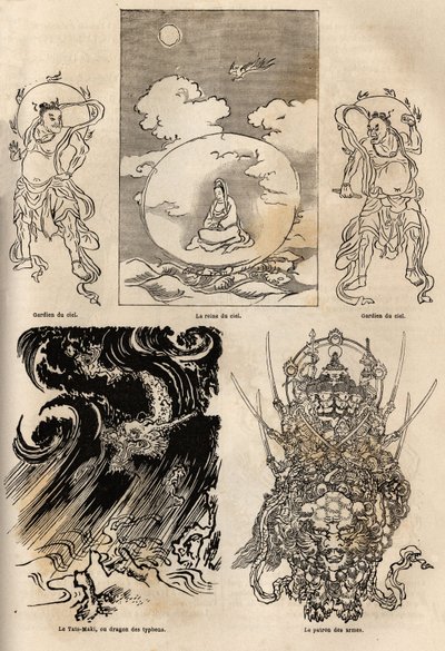 Panthéon des divinités japonaises, représentation traditionnelle de quelques figures typiques : la reine du ciel flanquée de deux gardes ; le Maki Tats, dragon du typhon et le chef des armes. Gravure pour illustrer le voyage au Japon en 1863-1864, par Aimé - Unknown artist