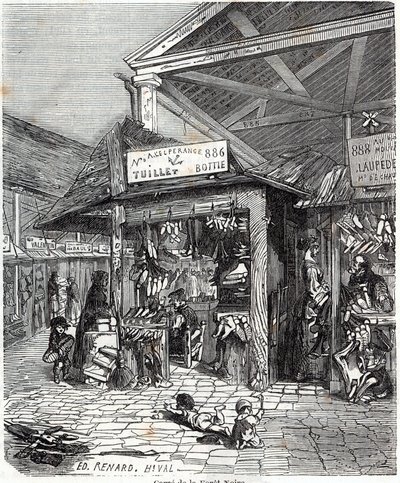 Paris 3ème arrondissement - Carré de la Forêt-Noire : vente de cuir et de chaussures au Carreau du Temple au 19ème siècle - Gravure dans « Tableau-de-Paris » par Edmond Texier - Unknown artist