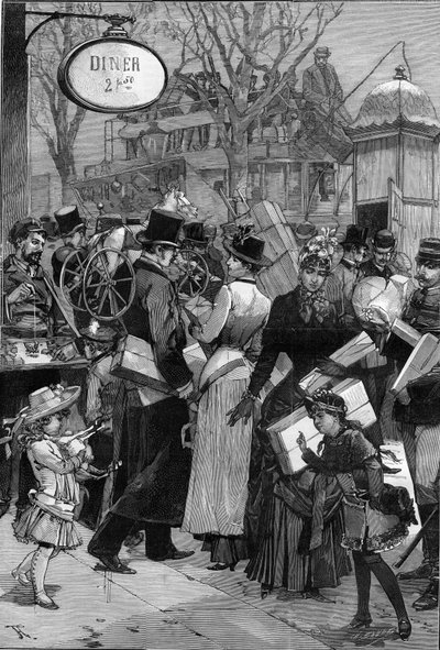 Paris : Semaine du paquet : les Parisiens font leurs courses et achètent des jouets pour les cadeaux de Noël. Gravure dans "Le Monde Illustré" - Unknown artist