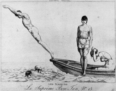 Caricature parisienne : nageurs, hommes plongeant d