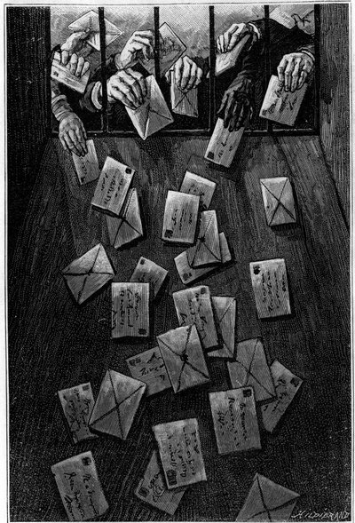 Les Parisiens déposent leur courrier au bureau de poste principal de la rue du Louvre avant la dernière levée du matin. Gravure dans le journal « La jeunesse ». - Unknown artist