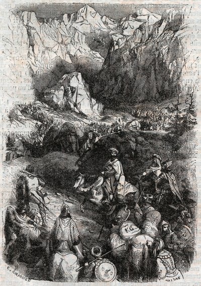 Passage des Pyrénées par les Maures - gravure de 1851 de "Roland furieux" (Orlando furioso) (16ème siècle) par Ludovico Ariosto, dit l