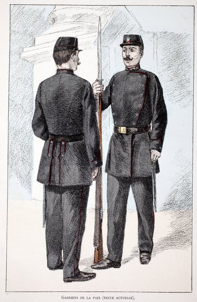 Gardiens de la paix (période Lépine). Eau-forte en couleurs, pour illustration « Histoire du corps des gardiens de la paix » livre publié sous les auspices de Louis Lépine (1846-1933) préfet de police de la Seine, par Alfred Rey (1864-?) et Louis Féron (18 - Unknown artist