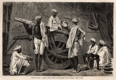 Paysans du Scind (région du Pendjab, Inde), à côté de leurs machines agricoles. Gravure pour illustrer le voyage au Pendjab et au Cachemire, récit par Guillaume Lejean, en 1866, publié dans « Le tour du monde, nouveau journal des voyages » - Unknown artist