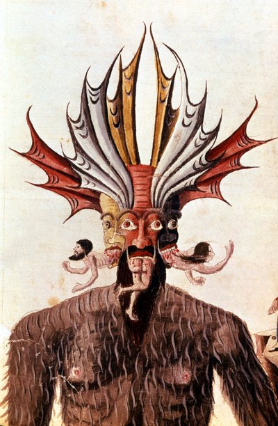 Représentation de Lucifer (diable) dans la "Divina Commedia" de Dante. Manuscrit du 14ème siècle. Biblioteca Trivulziana, Milan. - Unknown artist