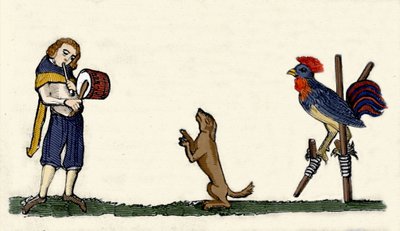 Animaux dressés : un chien et un coq dansent sur des échasses au rythme du tambour. Gravure d