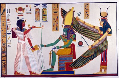 Le pharaon Ramsès IV fait des offrandes à Ptah-Sokari-Osiris. Derrière Osiris se trouve Isis. (Tombe de Bibah-el-Moluk) - dans « Monuments de l