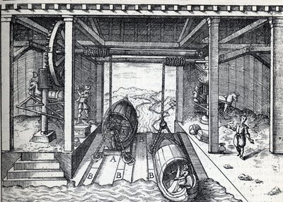 Plan incliné pour bateaux au XVIe siècle sur les lagunes de la Brenta (rivière) en Italie du Nord. Gravure dans « La Nature » - Unknown artist