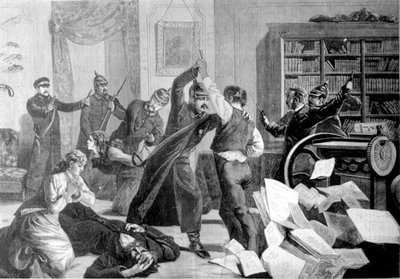 La police a fait irruption dans une maison de la rue Sapernaja (Saint-Pétersbourg) où le journal nihiliste « La Volonté nationale » est imprimé clandestinement. - Unknown artist