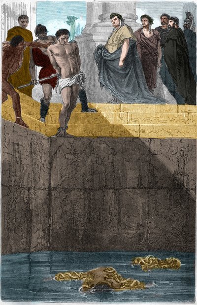 Pollion Vedius, gastronome romain, célèbre pour sa cruauté envers ses esclaves. Pour les attraper, il les jetait vivants à ses murènes. Un jour, Auguste (Caius Octavius Thurinus) mangeait chez lui, alors il fit précipiter un esclave, coupable d