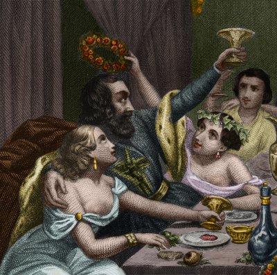 Le pape Alexandre VI (1431-1503) (Alessandro, Rodrigo Borgia) célèbre le mariage de sa fille Lucrèce Borgia avec 50 courtisanes au Vatican. Gravure de 1842 dans « Histoire des papes : crimes, meurtres, empoisonnements, parricides » - Unknown artist