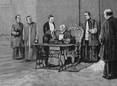 Le pape Léon XIII (1810-1903) envoie son message du jubilé, enregistré par phonographe, au peuple américain. Gravure du 19ème siècle. - Unknown artist