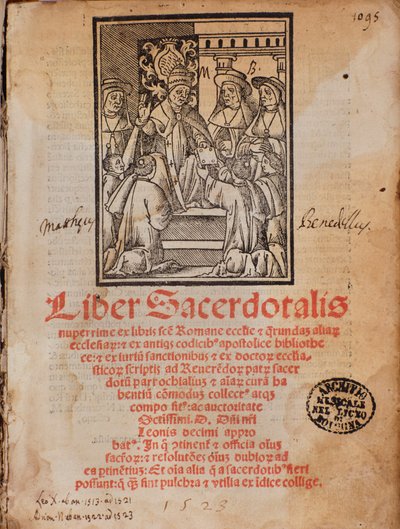 Le Pape Léon X reçoit le livre Frontispice du livre de liturgie Liber Sacerdotalis par Castellini - Unknown artist