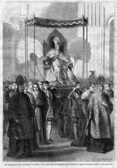 Le pape Pie IX (1835-1914) sur la sedia gestatoria - Dimanche des Rameaux à Rome : le pape Pie IX (Pie Pio 9) sur la chaise gestatoire - dessin de Gustave Janet - Le Journal Illustré de 1868. - Unknown artist
