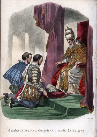 Le pape Grégoire XIII (1502-1585) reçoit la tête de Gaspard de Coligny (1519-1572), assassiné lors du massacre de la Saint-Barthélemy en 1572, en cadeau du roi Charles IX de France (1550-1574). - Unknown artist
