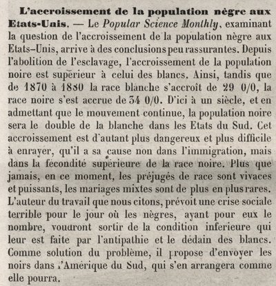 Croissance de la population aux États-Unis : commentaire raciste dans le livre selon un article de Popular Science Monthly. Préoccupé par l