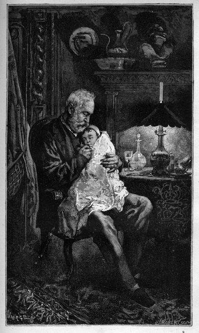 Portrait de Victor Hugo, assis avec sa petite-fille Jeanne - gravure de « L