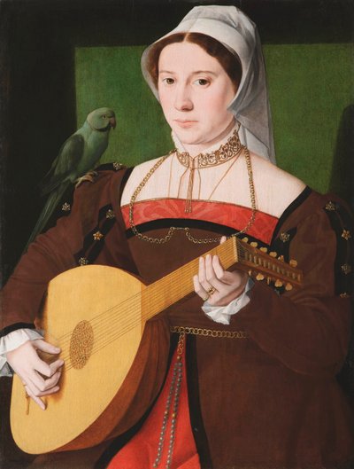 Portrait de femme jouant du luth avec perroquet sur son épaule - Unknown artist