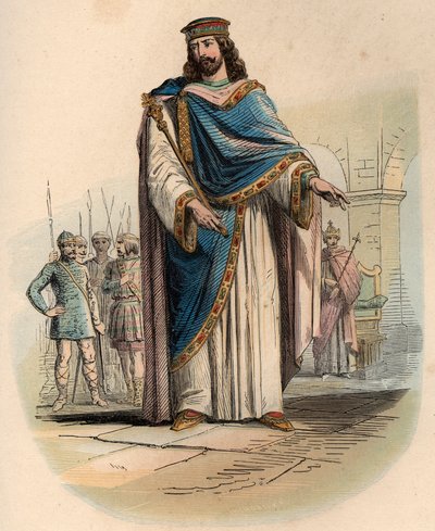Portrait de Clovis I (v. 466 - 511), roi des Francs. Gravure de 1868 dans « Histoire de Belgique depuis les temps primitifs jusqu