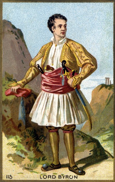 Portrait de George Gordon Noel, 6ème Baron Byron, Lord Byron (1788 - 1824) vêtu en Grec. Chromolithographie du 19ème siècle. - Unknown artist